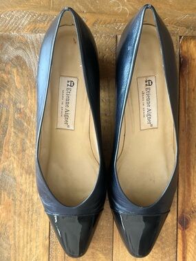 Vintage Etienne Aigner Ann Marie Navy Leather Pumps-Made in Spain-Block Heel 10